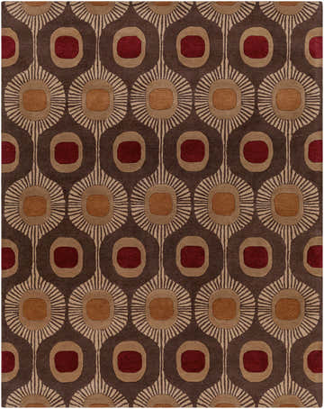Close-up of the Canovanas Modern Wool Rug. Features a brown, tan, and burgundy geometric floral pattern. Design-Rectangle-7696