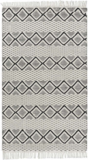 Close-up of the Cobourg Area Carpet. Black geometric diamond pattern on cream wool with fringe. Hand woven rug texture. Design-Rectangle-576