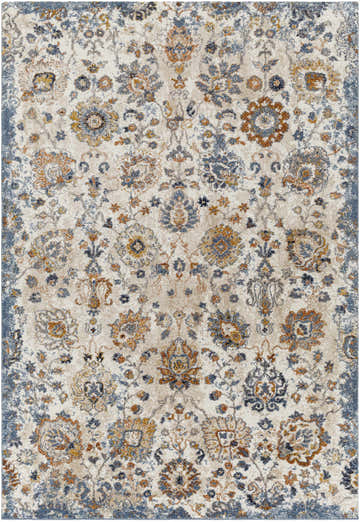 Close-up of the Cogan Area Rug. Features a traditional floral pattern in cream, blue, brown, and yellow tones. Design-Rectangle-5373