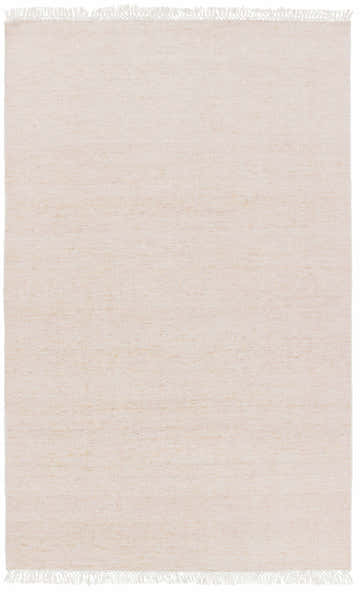 Close-up of the hand-knotted Collydean Area Rug. Camel, ivory, and pale pink wool with fringe detail. Design-Rectangle-576
