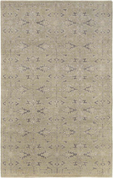 Close-up of the Colo Area Carpet. Hand-knotted wool rug with charcoal, dusty sage, and oatmeal traditional pattern. Design-Rectangle