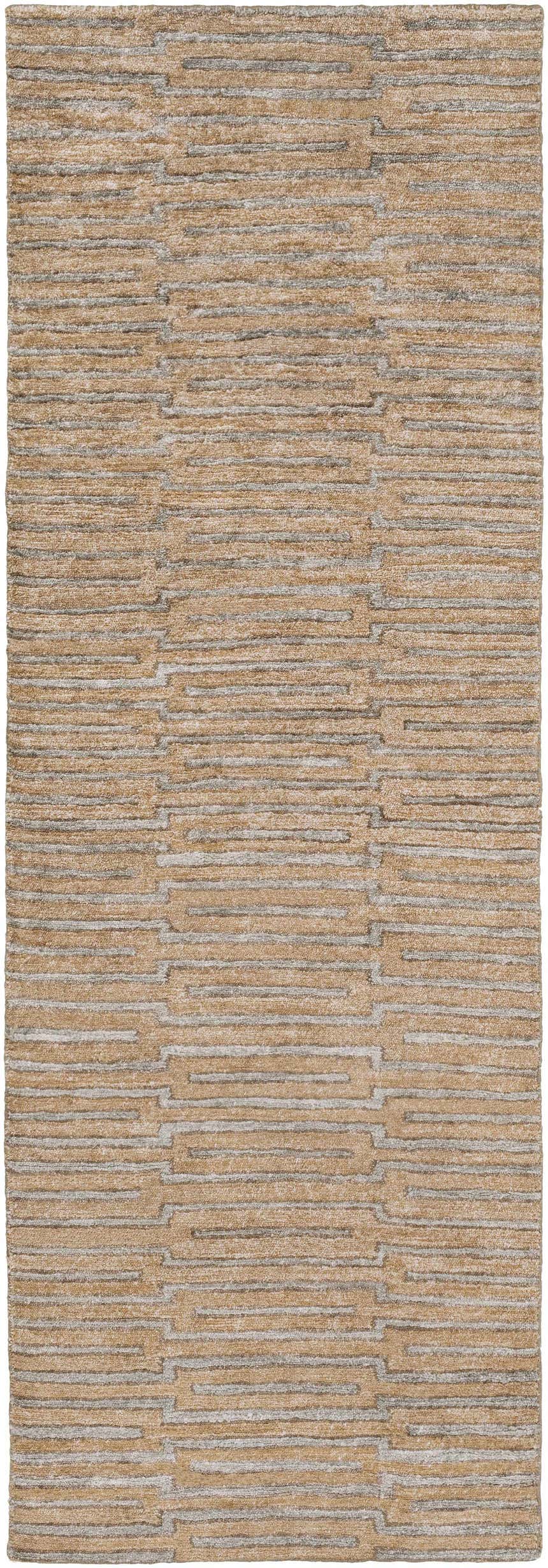 Close-up of the brown Colona Area Carpet. Hand-knotted viscose rug with a contemporary stripe pattern. Design-Runner-268