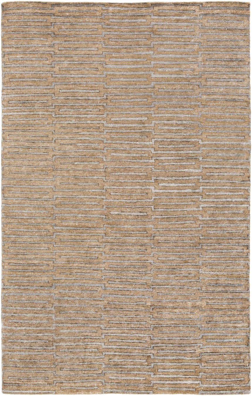Close-up of the Colona Area Carpet. Brown viscose rug with a contemporary pale blue geometric pattern. Hand-knotted texture. Design-Rectangle-58