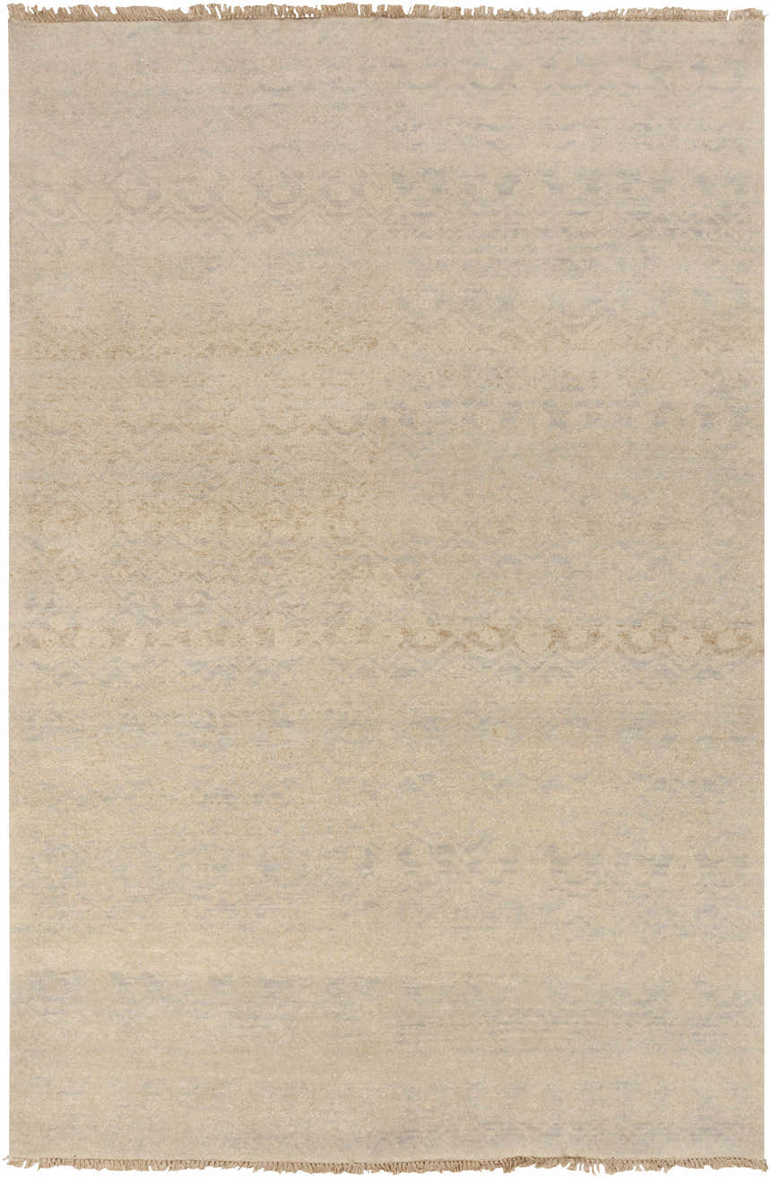 Close-up of the hand-knotted Colwich Area Carpet. Light beige wool rug with pale blue accents and subtle traditional pattern. Design-Rectangle-5686