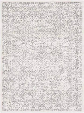 Close-up of the Comstock Area Rug. Bohemian style with charcoal and off-white floral pattern. Machine woven polypropylene rug. Design-Rectangle-5371