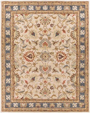 Close-up of the hand-tufted Cherryfield 1125 Yellow&Sage Wool Rug. Features a traditional floral pattern in brick red, denim, and sage. Design-Rectangle-7696
