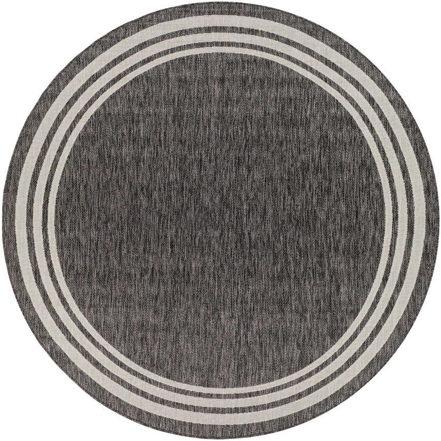 Close-up of the Coonamble Bordered Antrasit Rug. Round charcoal rug with a cream striped border. Design-Round-710