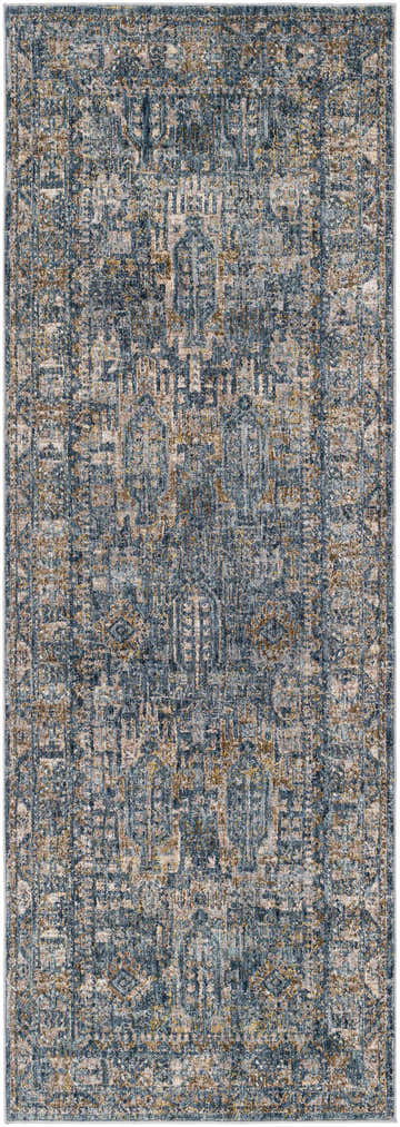 Close-up of the Mirabel Denim Blue Traditional Rug, featuring a distressed oriental pattern in denim, cream, brown, and gray. Design-Runner-2773