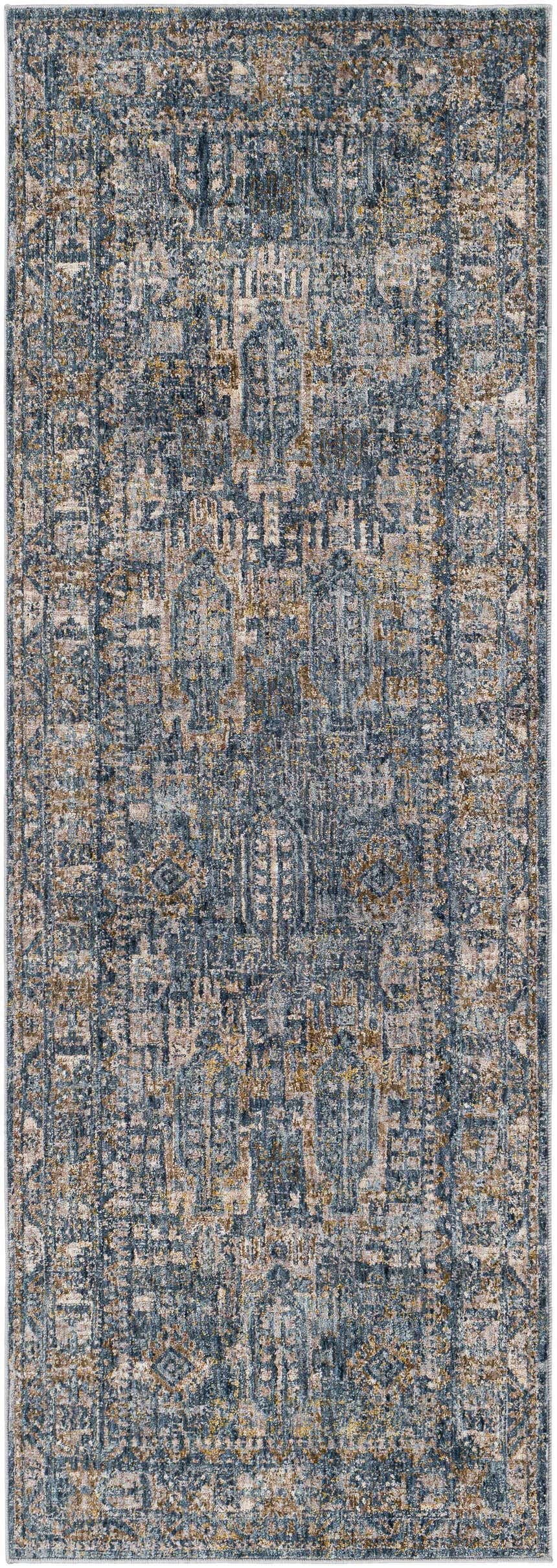 Close-up of the Mirabel Denim Blue Traditional Rug, featuring a distressed oriental pattern in denim, cream, brown, and gray. Design-Runner-2773