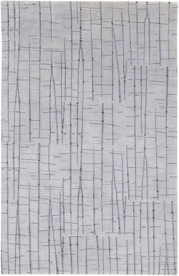 Close-up of the Copake Wool&Viscose Rug. Abstract pattern of gray, charcoal, and black vertical lines on a light gray background. Design-Rectangle-58