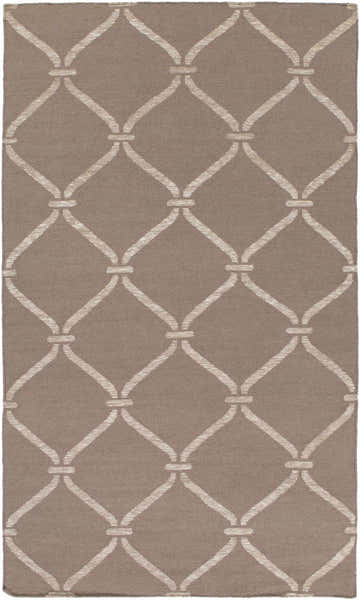 Close-up of the Coraopolis Area Carpet. Light gray trellis pattern on a taupe, hand woven wool rug. Design-Rectangle-576