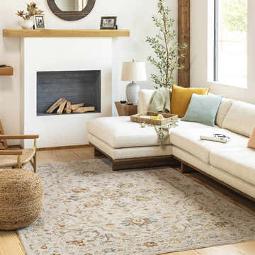 Living room with cream sectional and Coromandel Oushak Area Rug in brick red, denim, and gray. Roomscene-Rectangle