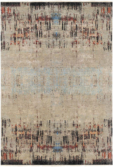 Close-up of the hand-knotted Coudersport Carpet. Contemporary style with black, red, blue, and tan abstract design. 80% Wool. Design-Rectangle-69