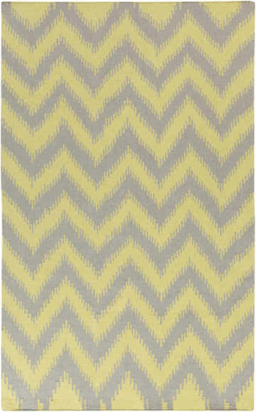 Close-up of the hand woven Cramlington Area Rug. Gray and light olive chevron pattern on 100% wool. Design-Rectangle-58
