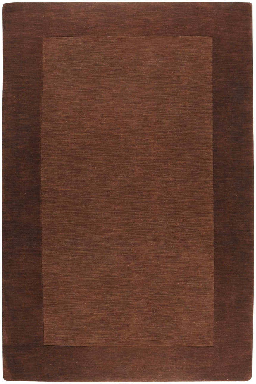 Close-up of a hand-loomed Bordered Solid Brown Wool Rug. The rug has a dark brown border and a lighter brown center. Design-Rectangle-58