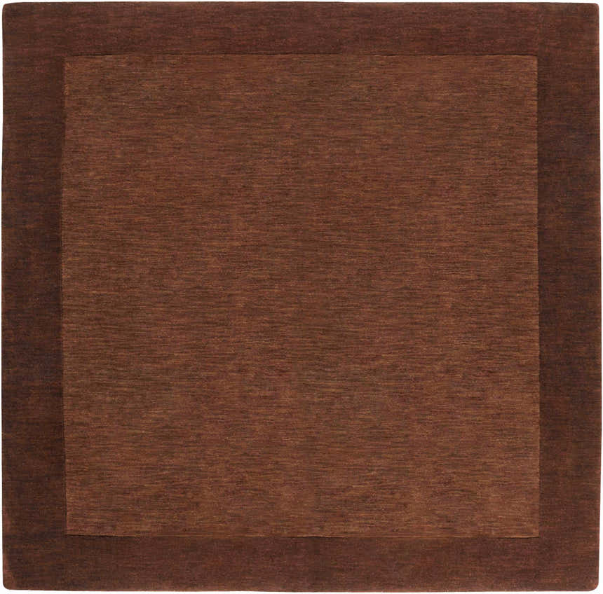 Close-up of a hand-loomed Bordered Solid Brown Wool Rug. The rug has a dark brown border and a solid brown center. Design-Square-8