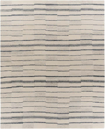 Close-up of the hand-tufted Creswell Broken-Striped Wool Area Rug. Beige rug with charcoal and black broken horizontal stripes. Design-Rectangle-810