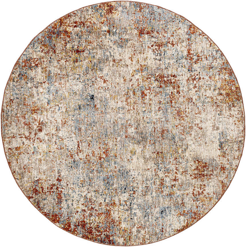 Close-up of round Cranfield Area Rug. Contemporary style with brick red, cream, blue, and brown abstract pattern. Design-Round-53