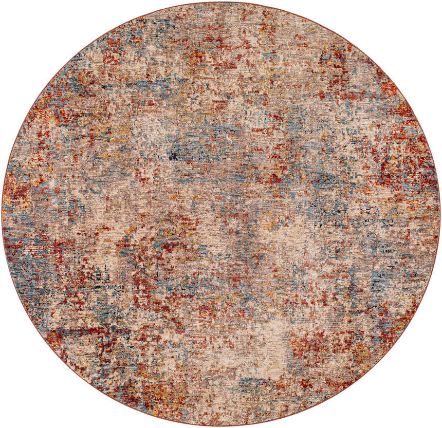 Close-up of a round Cranfield Area Rug. Colors include brick red, cream, denim, and light blue. Contemporary style. Design-Round-67