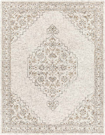 Close-up of the Currimao Area Carpet. Hand-tufted rug with a traditional Persian-inspired design in neutral tones. Design-Rectangle-79