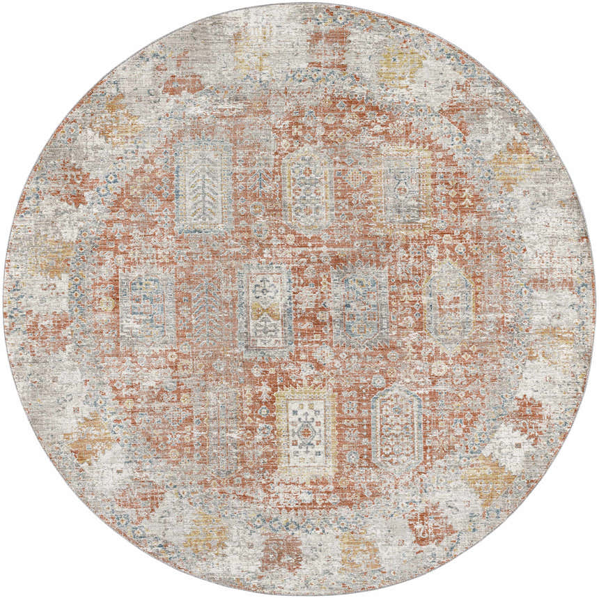 Round Casta Area Rug in faded driftwood, garnet, and beige. Traditional farmhouse style with distressed pattern. Design-Round-710