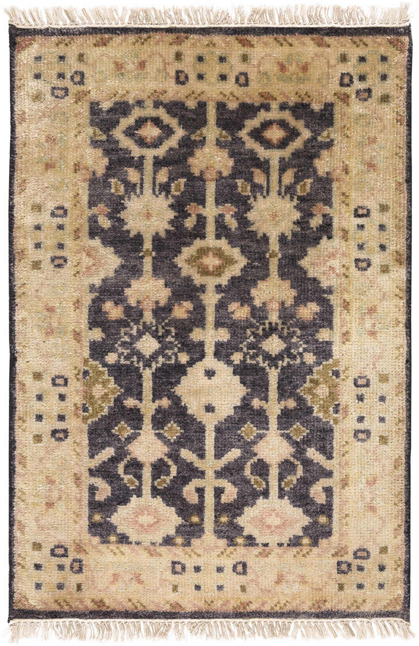 Close-up of the hand-knotted Castlewood Area Rug. Features black, burnt orange, light olive, and medium brown tones. Design-Rectangle-23