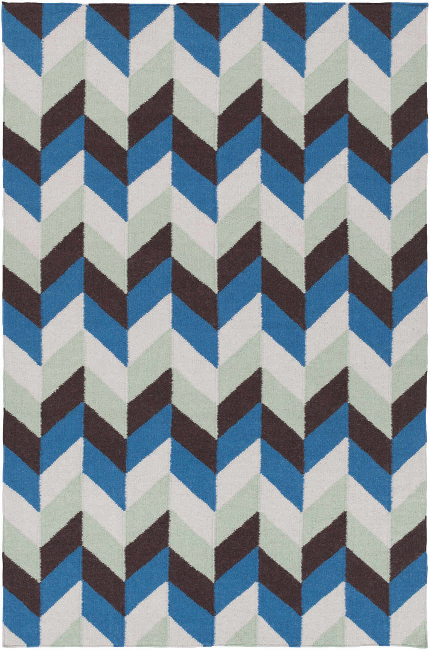 Hand woven Curtin Carpet with a contemporary chevron pattern in blue, navy, sage, and white wool. Design-Rectangle-58