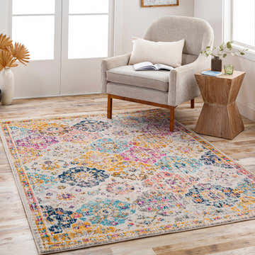 Living room scene with a Custar Colorful Area Rug, beige chair, and wooden side table. Roomscene-Rectangle