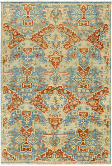 Close-up of the hand-knotted Cutler Cream/Orange Wool Runner Rug. Features a traditional, bohemian pattern in blue, brick red, and wheat. Design-Rectangle-5686