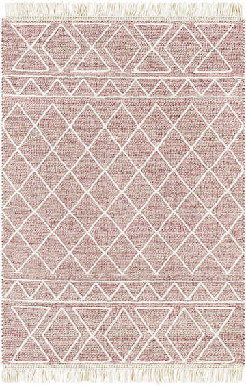 Close-up of Dacudao Area Rug. Burgundy, cream, and dusty pink wool rug with geometric diamond and triangle pattern. Fringe detail. Design-Rectangle-576