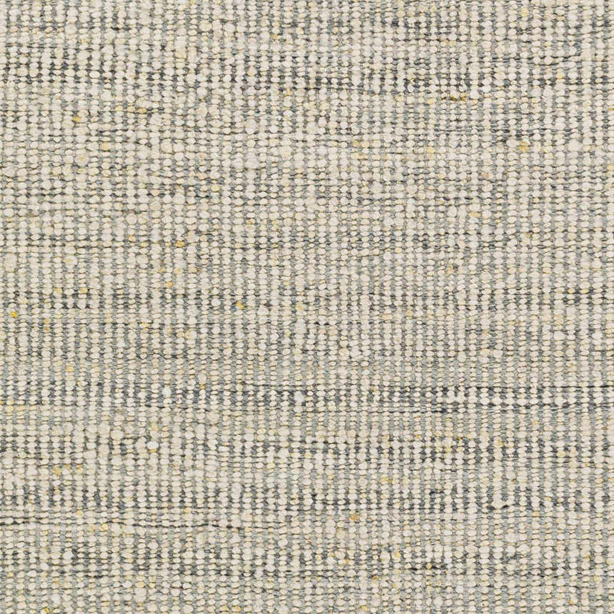 Close-up of the Dalaoig Flat Woven Wool Rug. Features a textured weave in cream, charcoal, denim, beige, and gray tones. Swatch