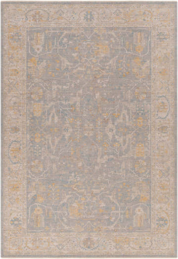 Detailed Dally Thick Luxe Statement Rug in charcoal, gray, tan, and mustard. Traditional, machine-woven design. Design-Rectangle-6796