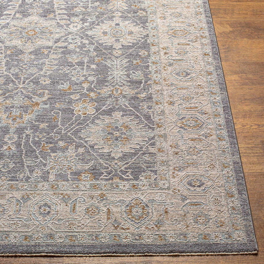 Close up of the Dalupirip rug showing its gray, beige, and brown vintage pattern and texture. Front