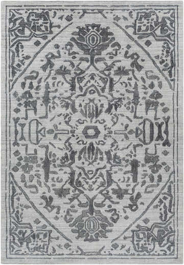 Detailed texture of the Darfield Area Rug in light gray and black, hand-knotted with a bohemian-inspired pattern. Design-Rectangle-69