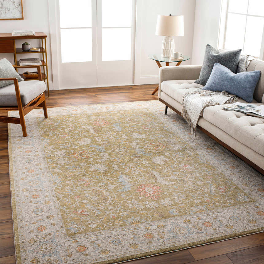 Living room with a Dario Thick Luxe Area Rug in amber, olive, and pink floral pattern. Farmhouse style. Roomscene-Rectangle