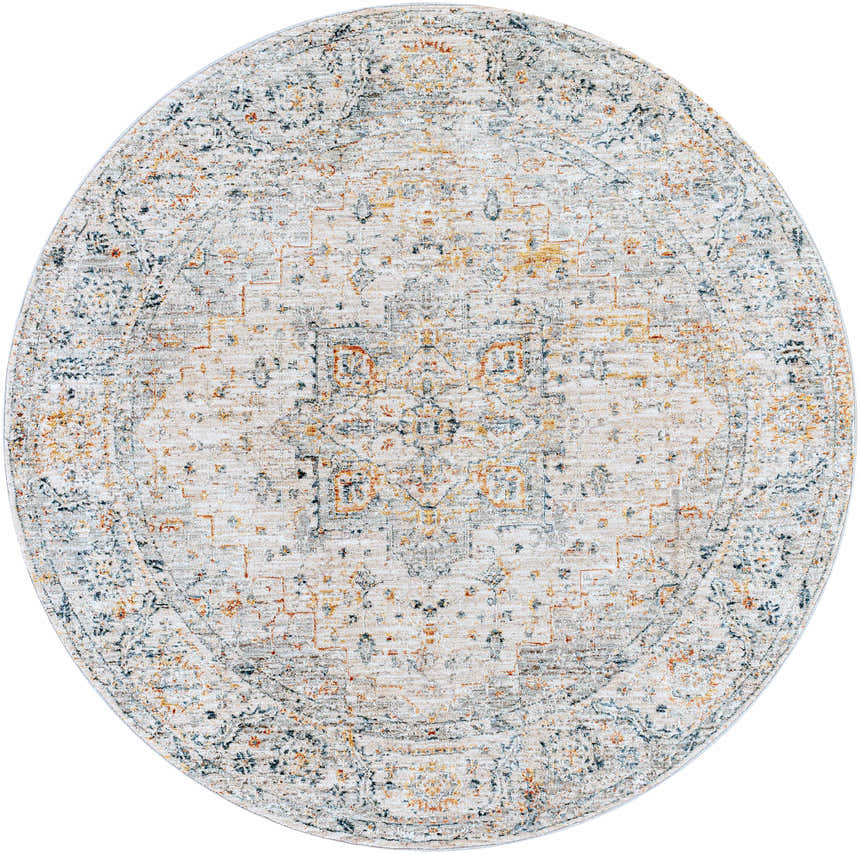 Close-up of a round Darvel Luxe Rug. Cream rug with brick red, dusty sage, gray, and mustard traditional Persian-style pattern. Design-Round-53