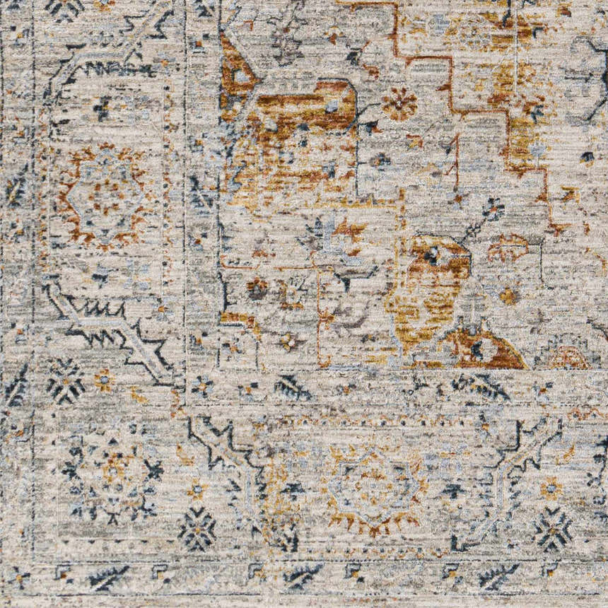 Close up of the Darvel Luxe Rug. Traditional Persian-style rug in cream, gray, brick red, and mustard. Swatch