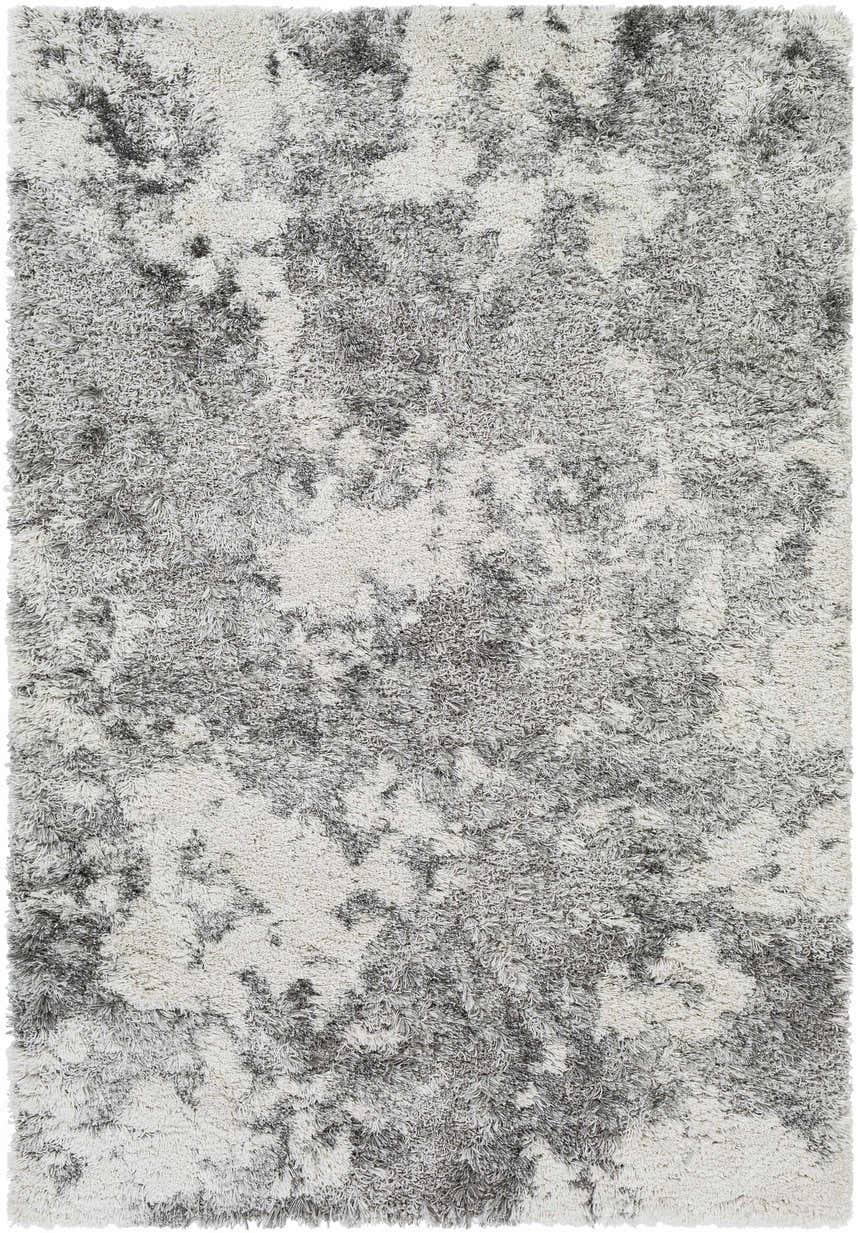 Close-up of the plush Dawesville Gray White Shag Area Rug, showing its soft texture and abstract gray and off-white pattern. Design-Rectangle-537