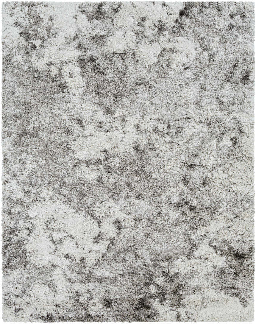 Close-up of the Dawesville Gray White Shag Area Rug featuring a soft, plush texture and abstract gray and off-white pattern. Design-Rectangle-71010