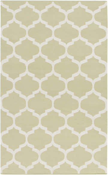 Close-up of the Dearborn Area Carpet Area Rug, a hand-woven cotton rug with a cream and light green trellis pattern. Design-Rectangle-58