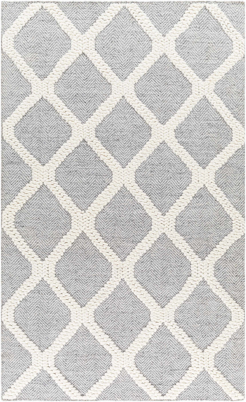 Close-up of Della Area Rug. Hand-woven gray rug with a geometric diamond pattern in white. Contemporary, Scandinavian style. Design-Rectangle-576