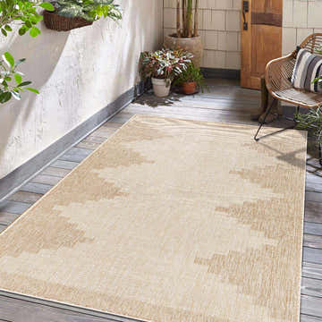 Outdoor patio scene with a beige Djugun Indoor & Outdoor Rug, wicker chair, and potted plants. Roomscene-Rectangle