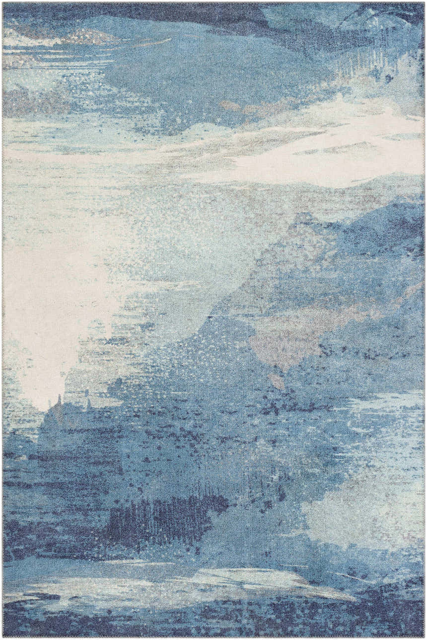 Close-up of the Deport Area Rug. Blue, cream, and charcoal abstract design. Coastal Grandmother style. Design-Rectangle-576
