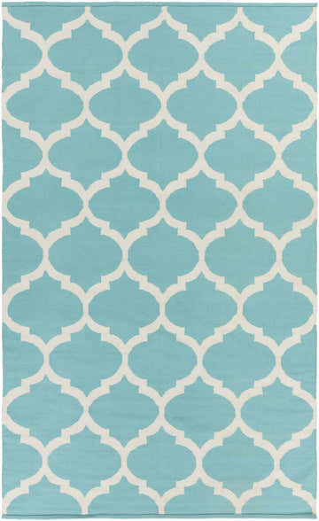 Close-up of the Derry Area Rug. Aqua cotton rug with a repeating ivory quatrefoil pattern. Hand woven texture. Design-Rectangle-58