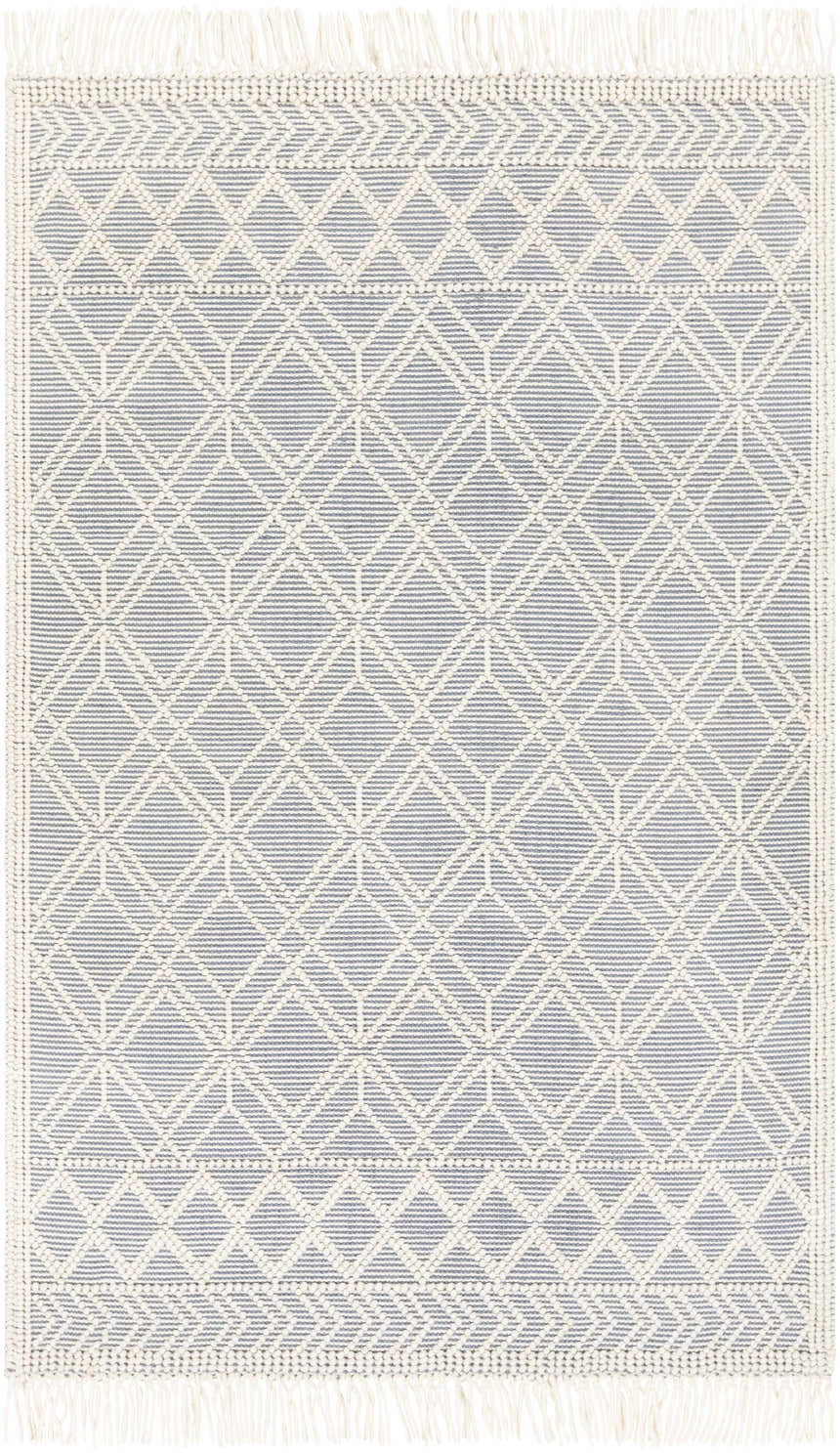 Close-up of Ramsbury Denim Blue Wool Rug, featuring a geometric diamond pattern in denim and ivory with fringe. Design-Rectangle-576