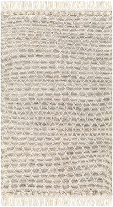Close-up of the hand woven Diata Wool Rug with Tassels. Bone and gray geometric pattern with fringe. Farmhouse style. Design-Rectangle-58