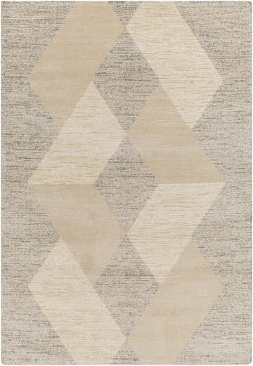 Close-up of the Dilys Luxe Rug featuring a geometric diamond pattern in cloud gray, lambswool, and smoke. Design-Rectangle-5373