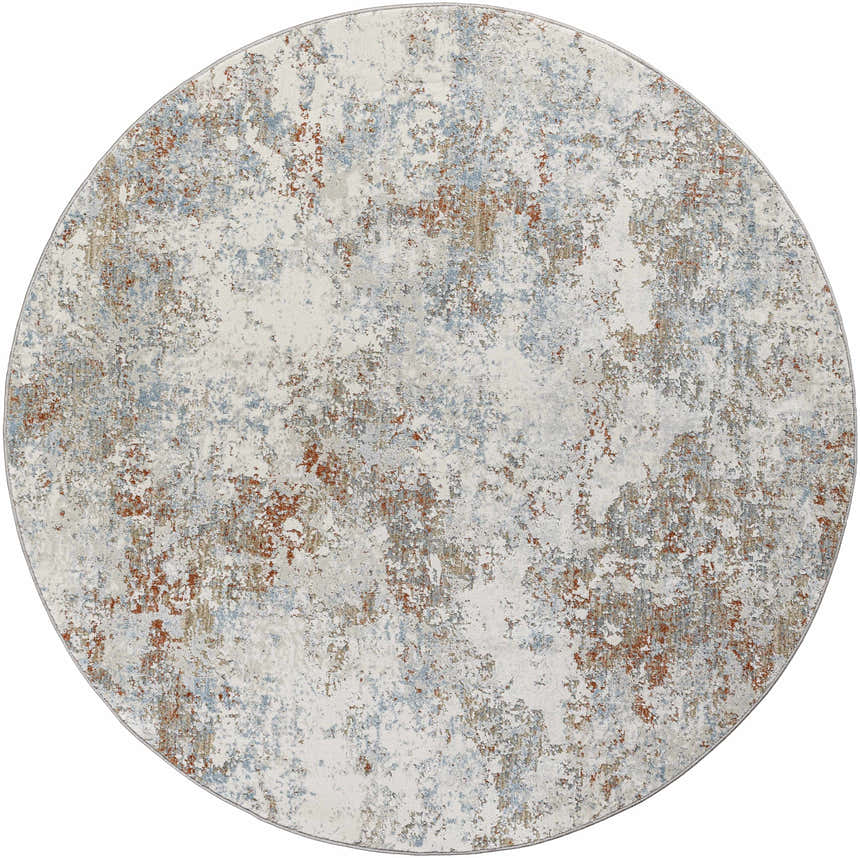 Round Dinos Thick Luxe Rug with abstract gray, blue, and nutmeg pattern. Contemporary style. Design-Round-53