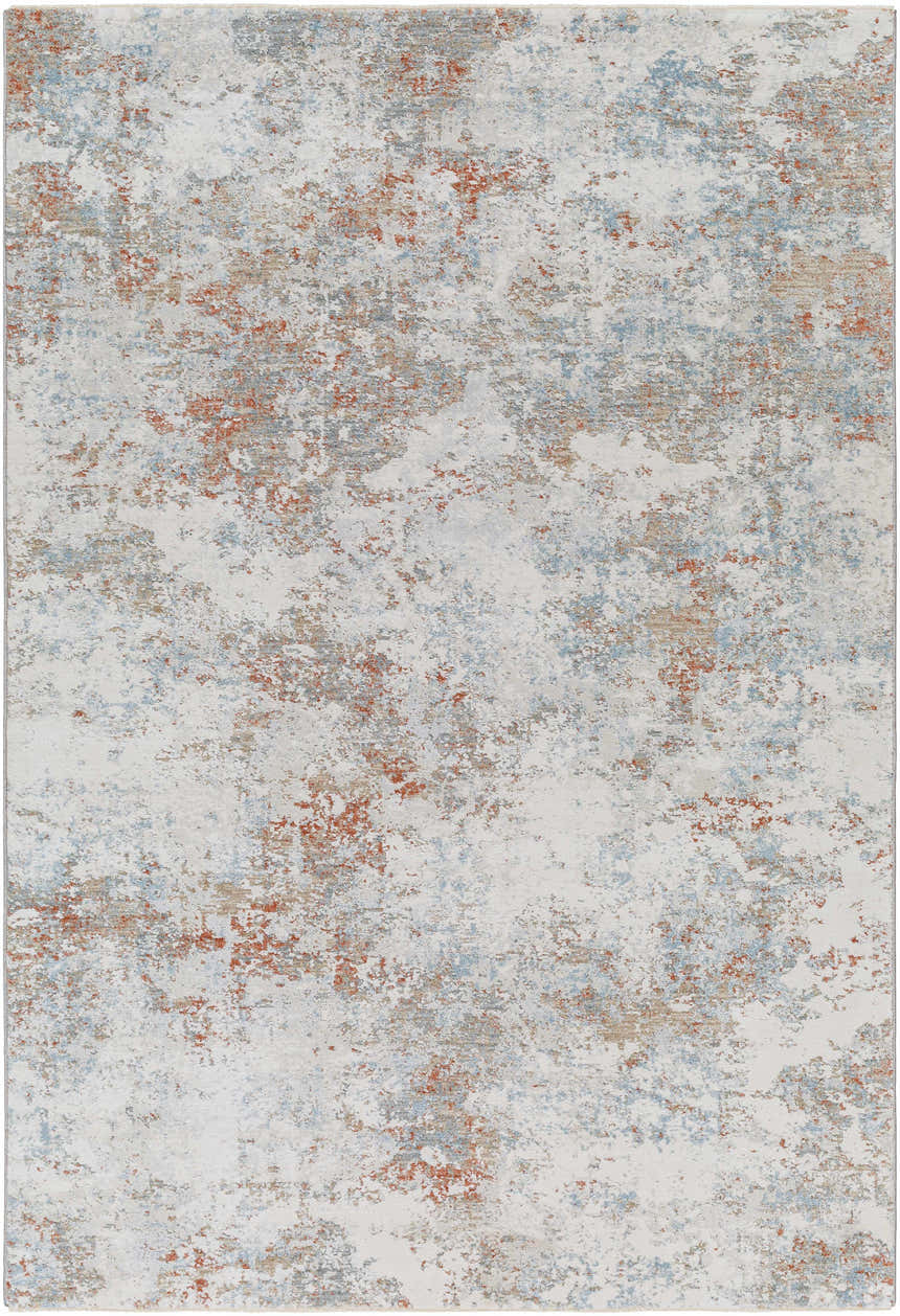 Close-up of the Dinos Thick Luxe Rug. Contemporary design with gray, blue, and nutmeg abstract pattern. Design-Rectangle-575