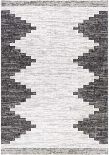 Close-up of Djugun Outdoor Rug, a black and off white rug with a Southwestern geometric pattern. Design-Rectangle-5377